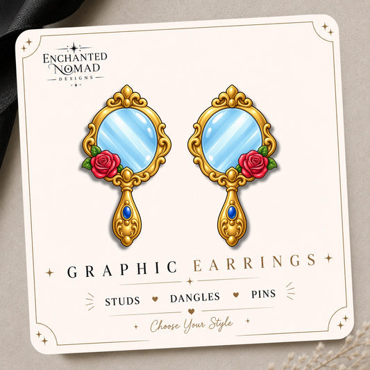 Enchanted Rose Mirror Earrings & Pins on original display card