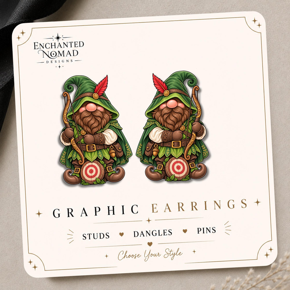 Forest Archer Gnome Earrings & Pins on original display card