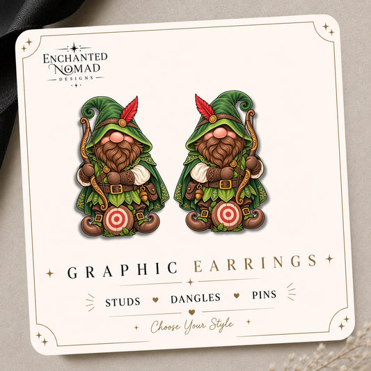 Forest Archer Gnome Earrings & Pins on original display card