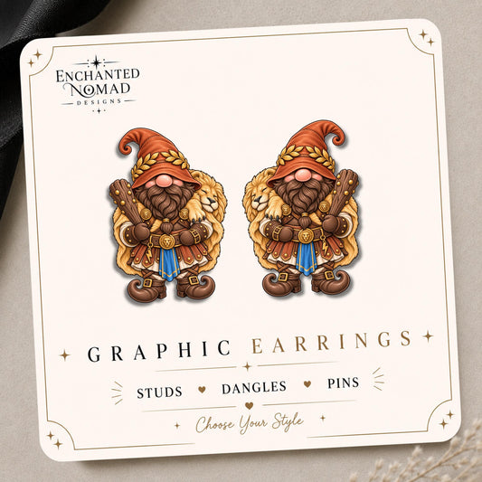 Lionheart Gnome Earrings & Pins on original display card