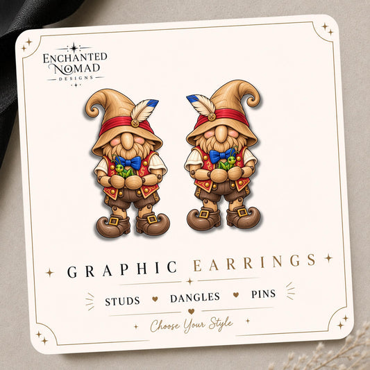 Wooden Wonder Gnome Earrings & Pins on original display card