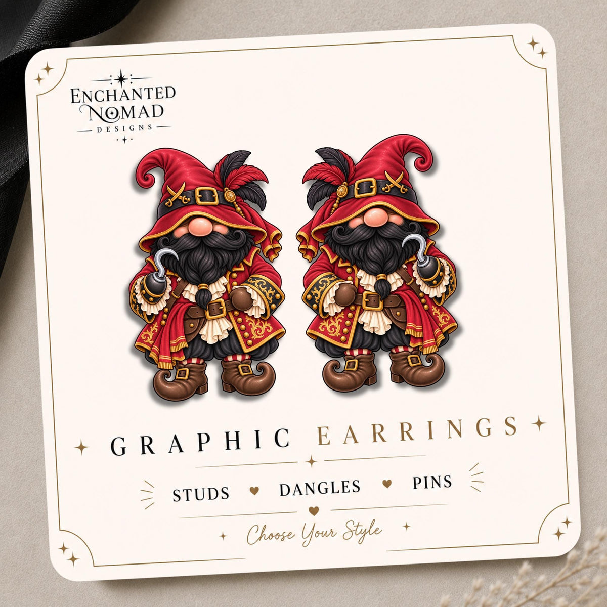 Crimson Captain Gnome Earrings & Pins on original display card
