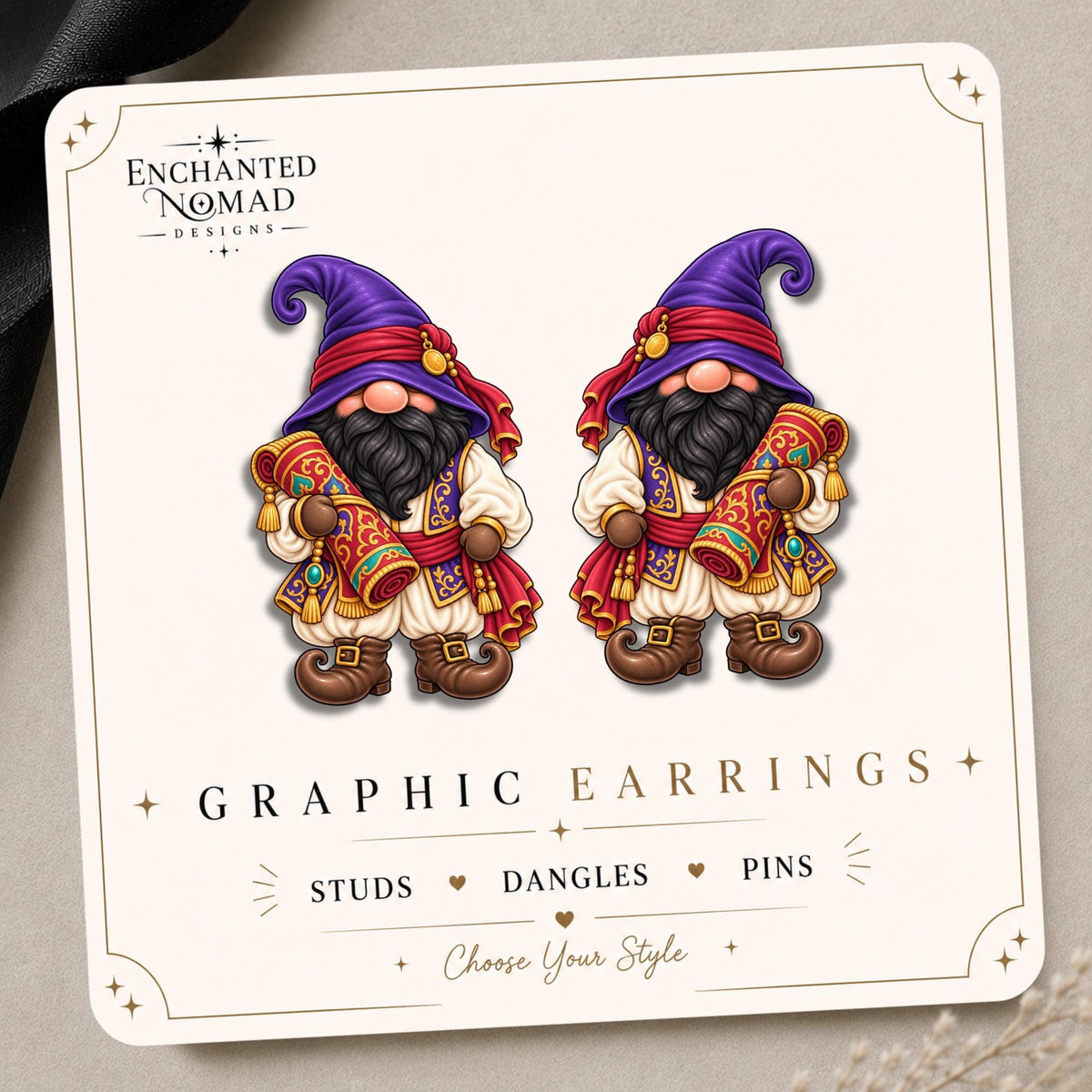 Royal Scroll Keeper Gnome Earrings & Pins on original display card