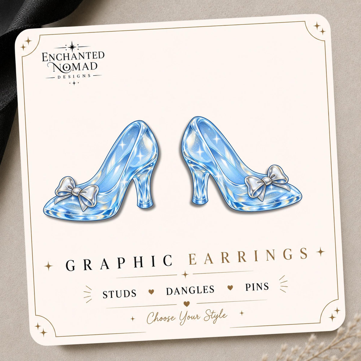 Crystal Glass Slipper Earrings & Pins on original display card