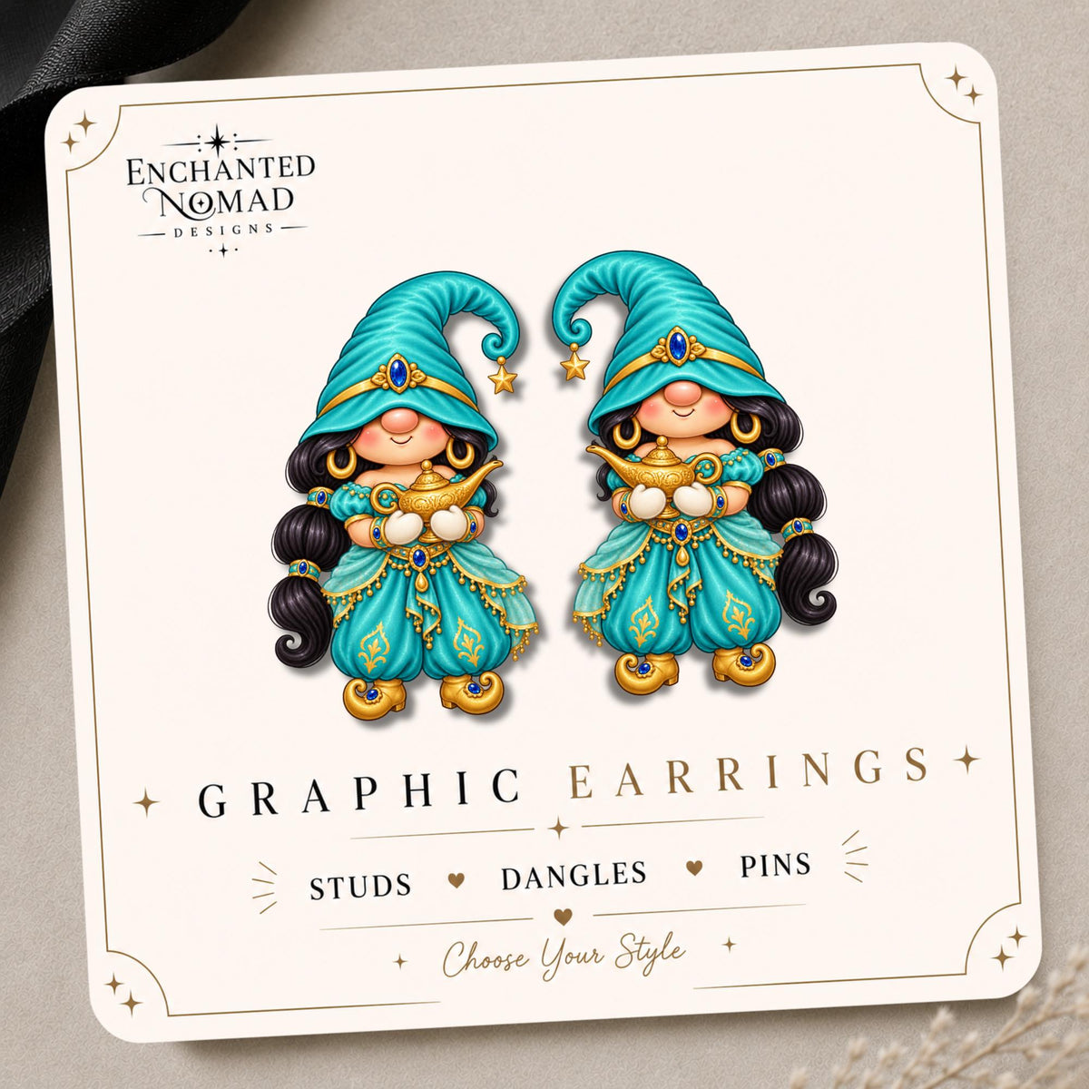 Arabian Princess Gnome Earrings & Pins on original display card