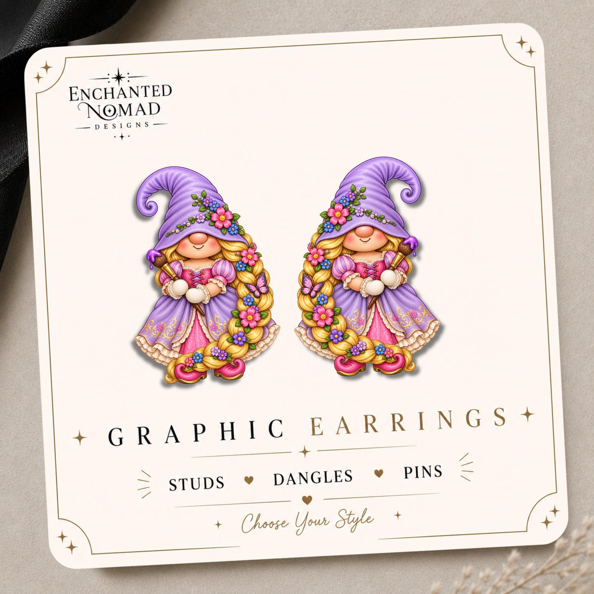 Floral Princess Gnome Earrings & Pins on original display card