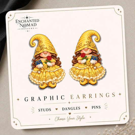 Yellow Rose Book Gnome Earrings & Pins on original display card