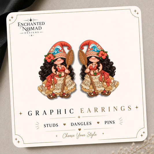 Island Princess Gnome Earrings & Pins on original display card