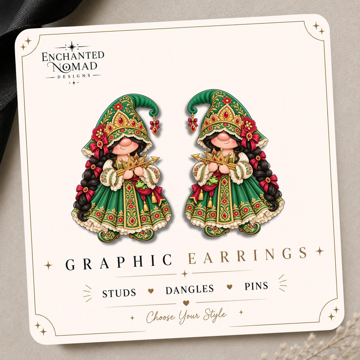 Enchanted Green Princess Gnome Earrings & Pins on original display card