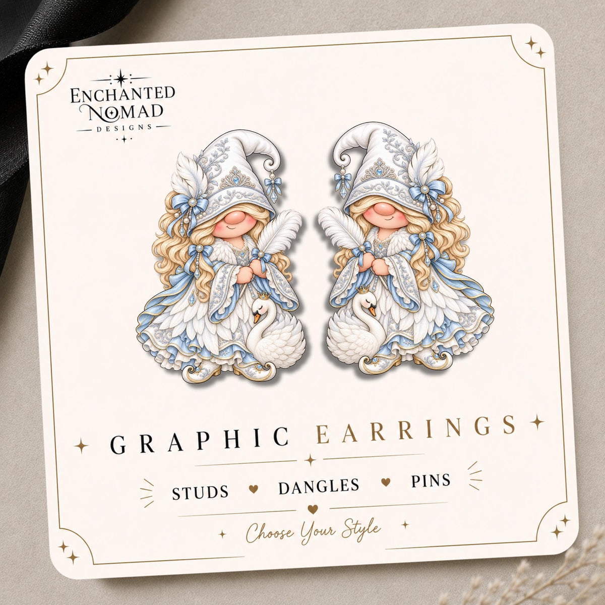 Winter Swan Gnome Earrings & Pins on original display card