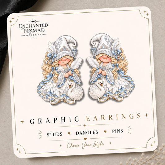 Winter Swan Gnome Earrings & Pins on original display card