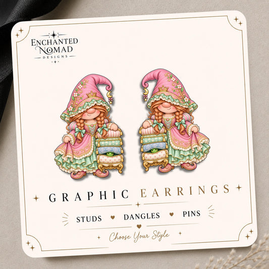 Fairytale Gnome Earrings & Pins on original display card