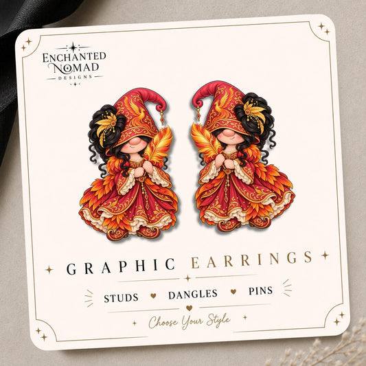 Firebird Gnome Earrings & Pins on original display card