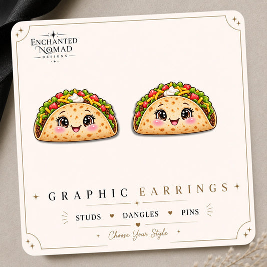 Kawaii Taco Earrings & Pins on original display card