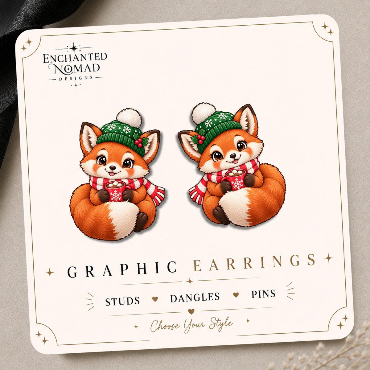 Christmas Fox Earrings & Pins on original display card