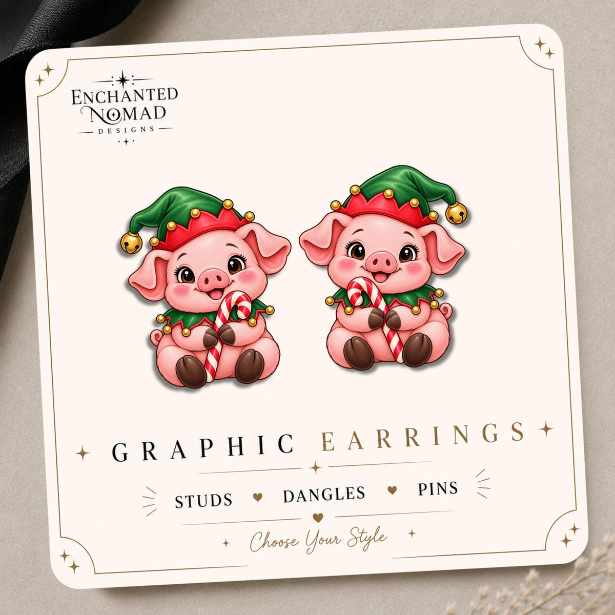 Christmas Elf Pig Earrings & Pins on original display card