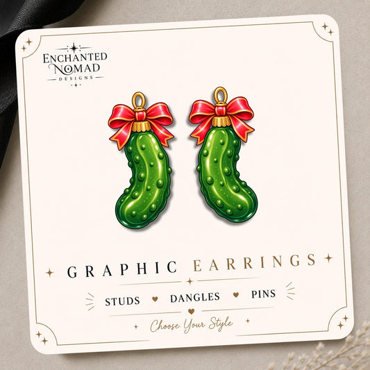 Christmas Pickle Ornament Earrings & Pins on original display card