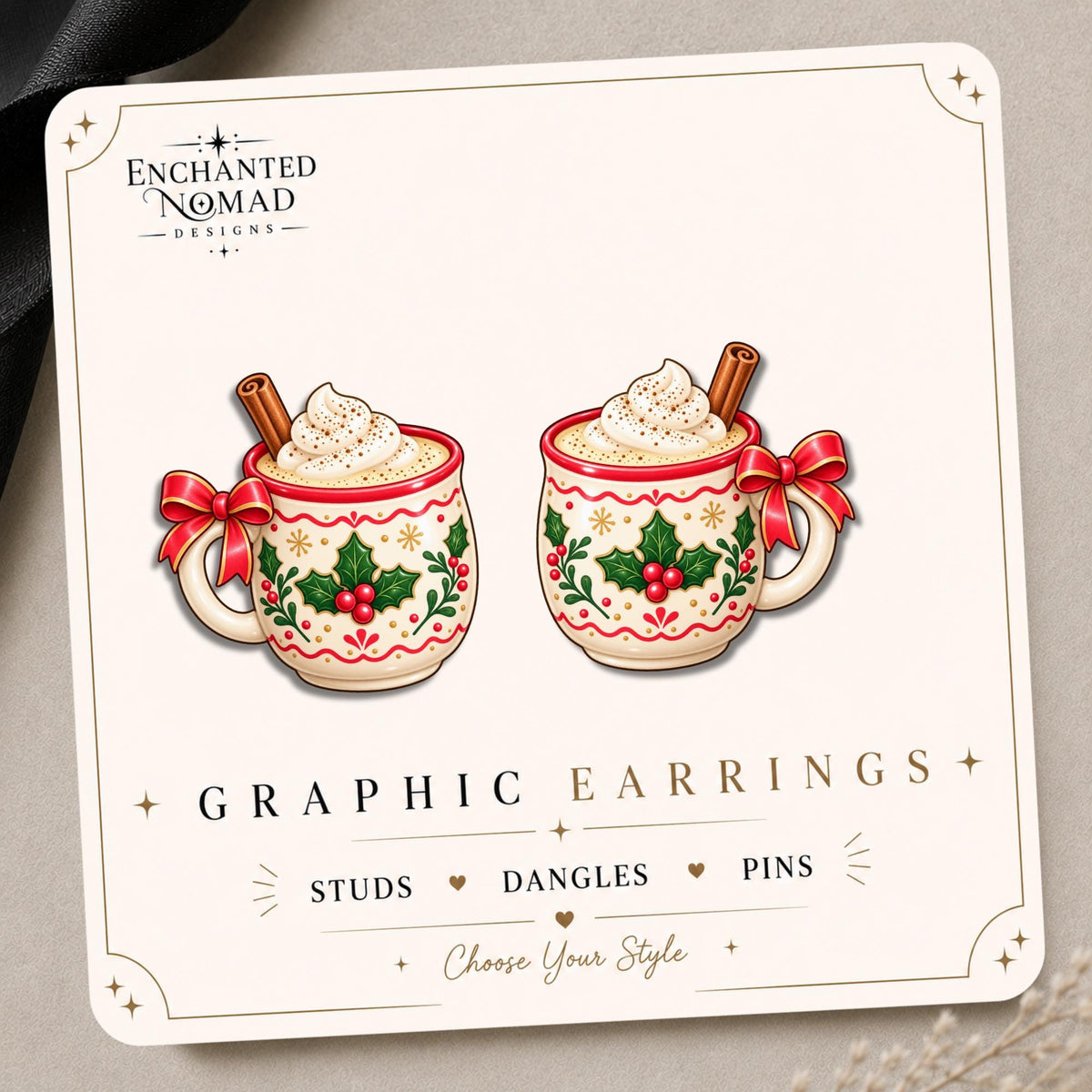Holly Cocoa Mug Earrings & Pins on original display card