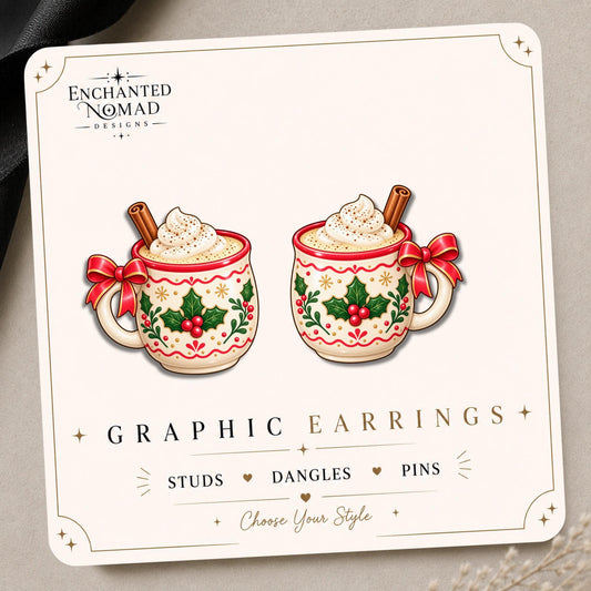 Holly Cocoa Mug Earrings & Pins on original display card