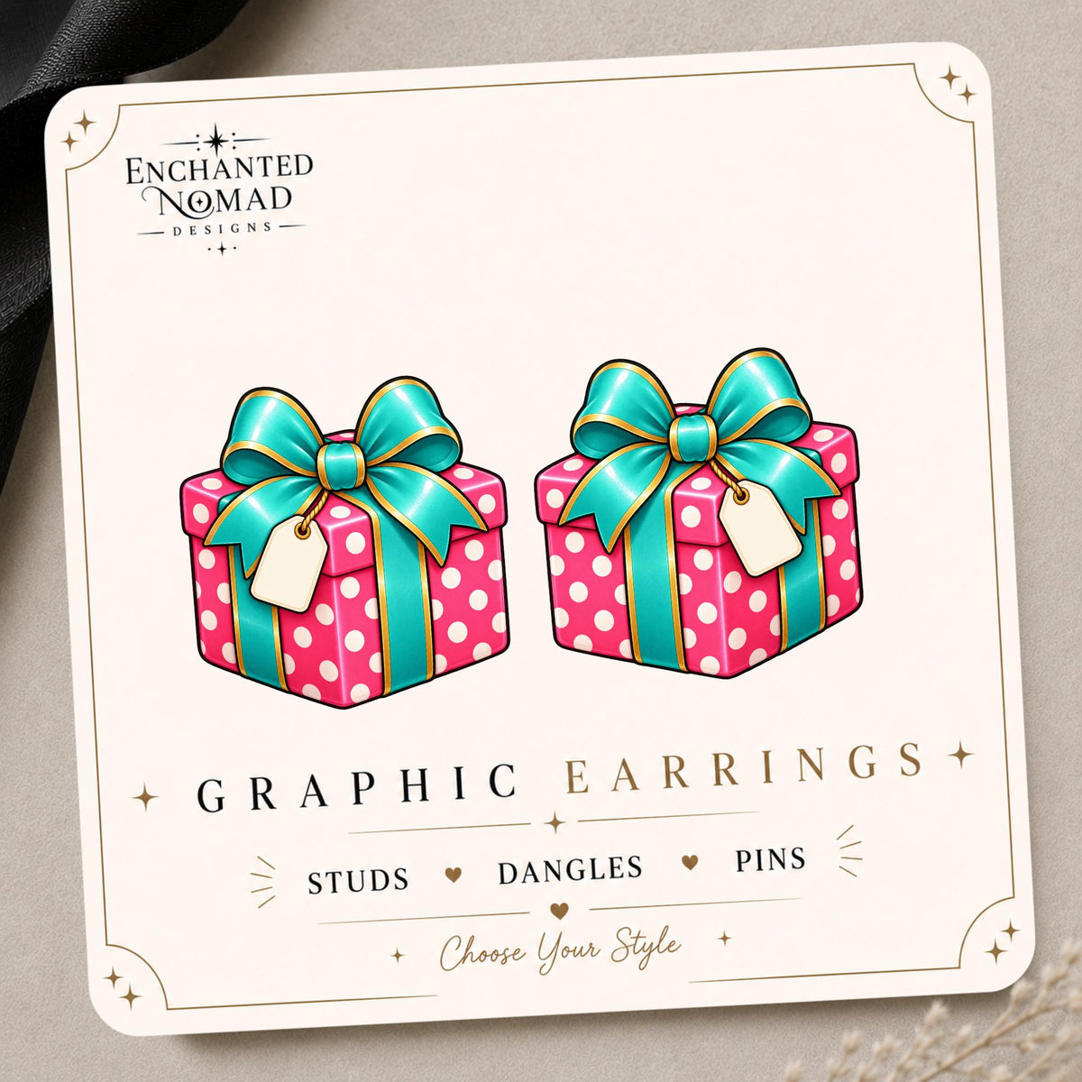 Pink Christmas Present Earrings & Pins on original display card