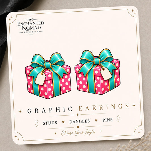 Pink Christmas Present Earrings & Pins on original display card