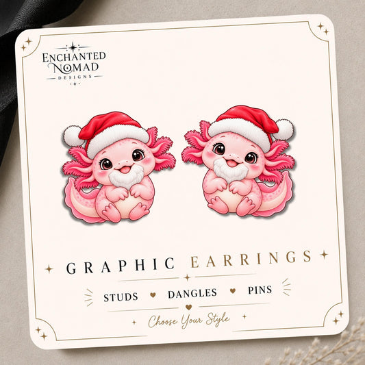 Christmas Axolotl Earrings & Pins on original display card
