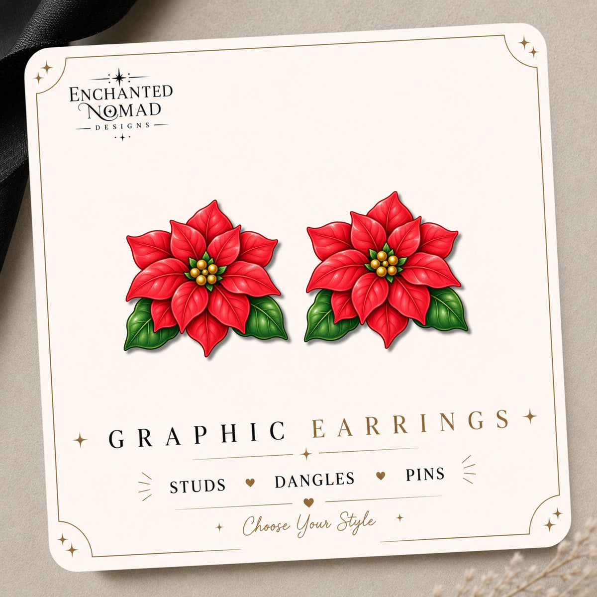 Poinsettia Earrings & Pins on original display card
