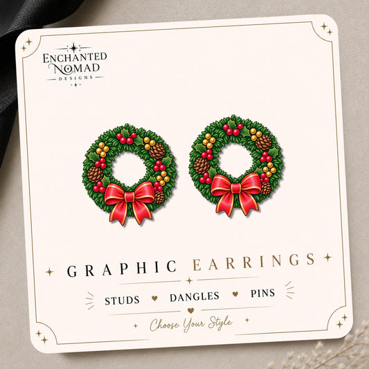 Christmas Wreath Earrings & Pins on original display card