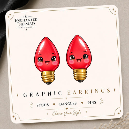 Red Christmas Light Bulb Earrings & Pins on original display card