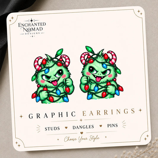 Christmas Monster Earrings & Pins on original display card