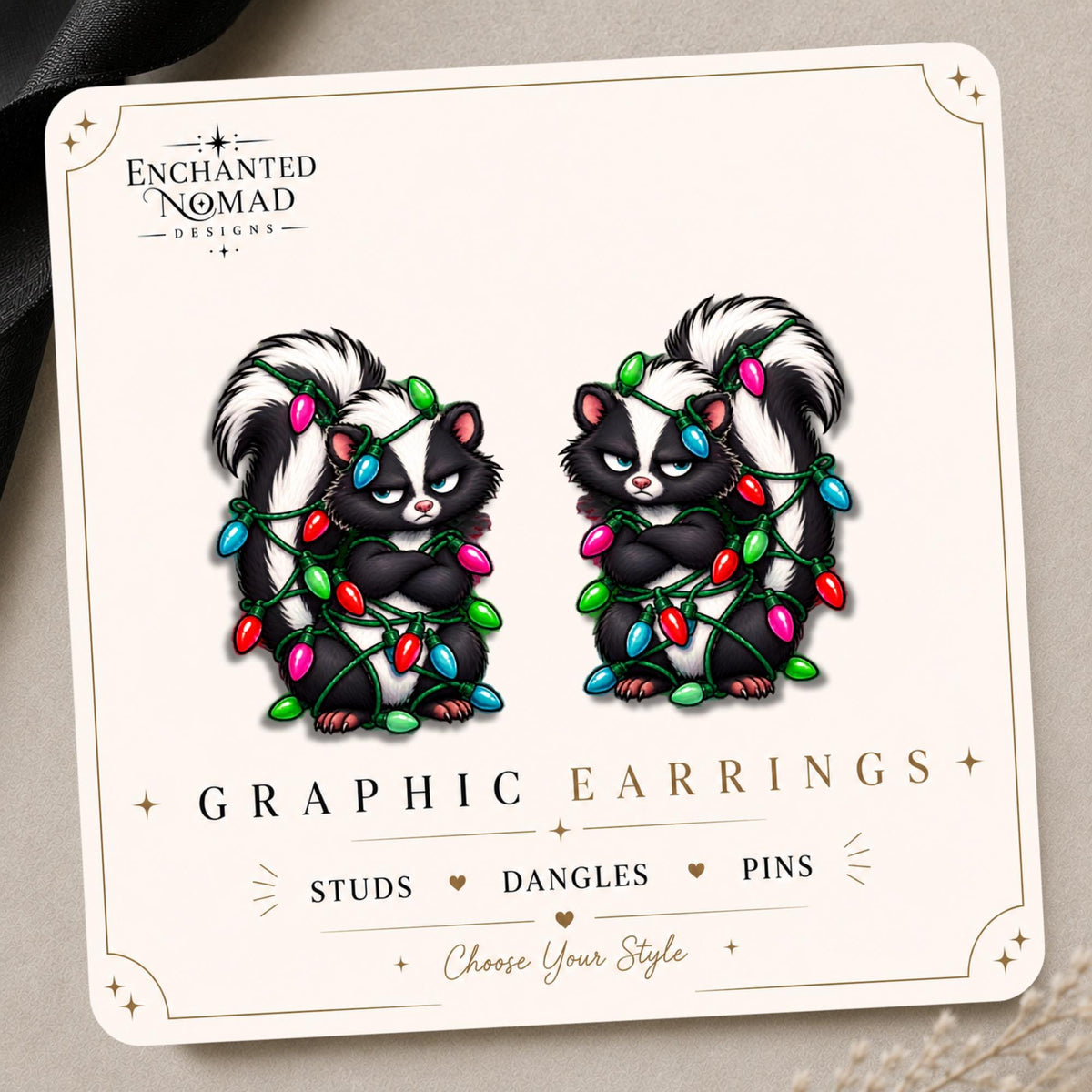 Grumpy Christmas Skunk Earrings & Pins on original display card