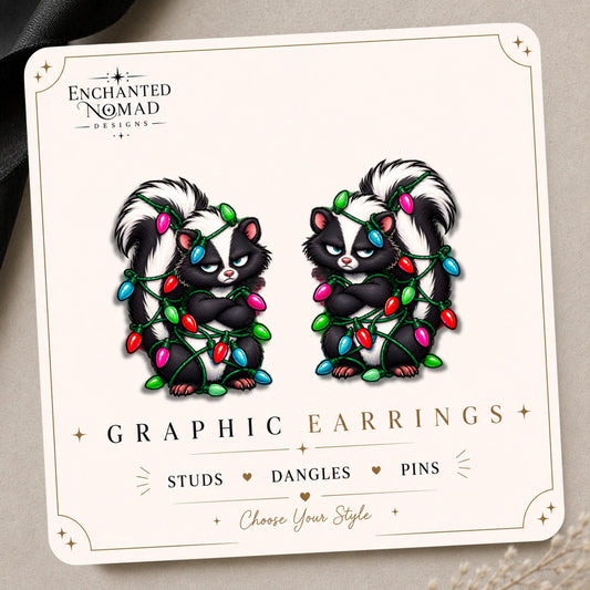 Grumpy Christmas Skunk Earrings & Pins on original display card