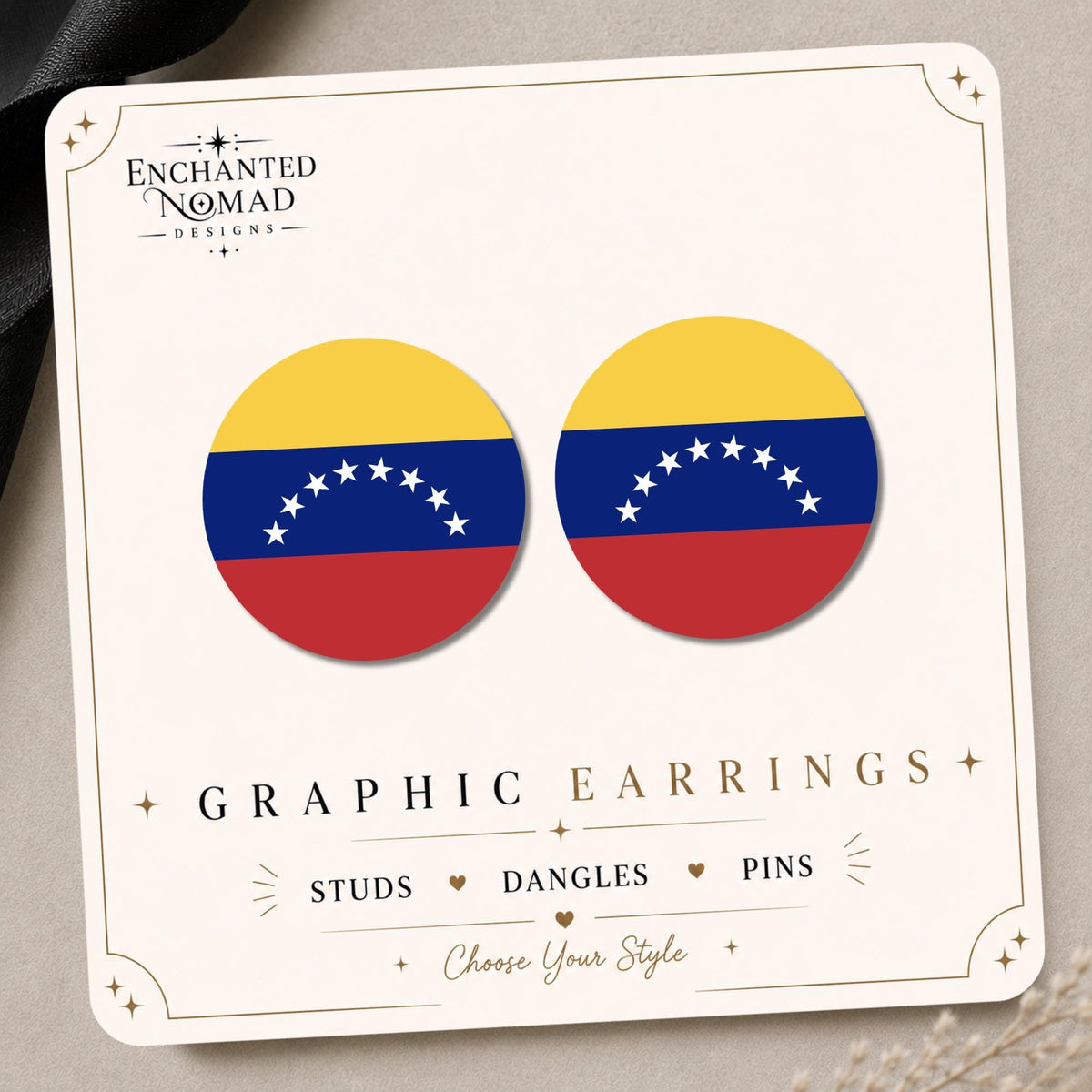 Venezuela Flag Earrings & Pins on original display card