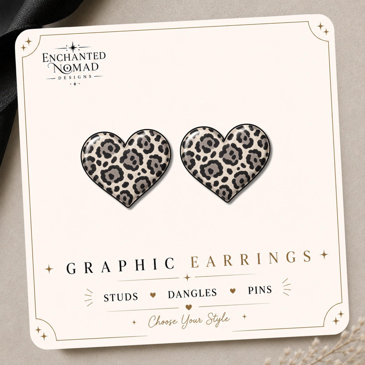 Snow Leopard Heart Earrings & Pins on original display card
