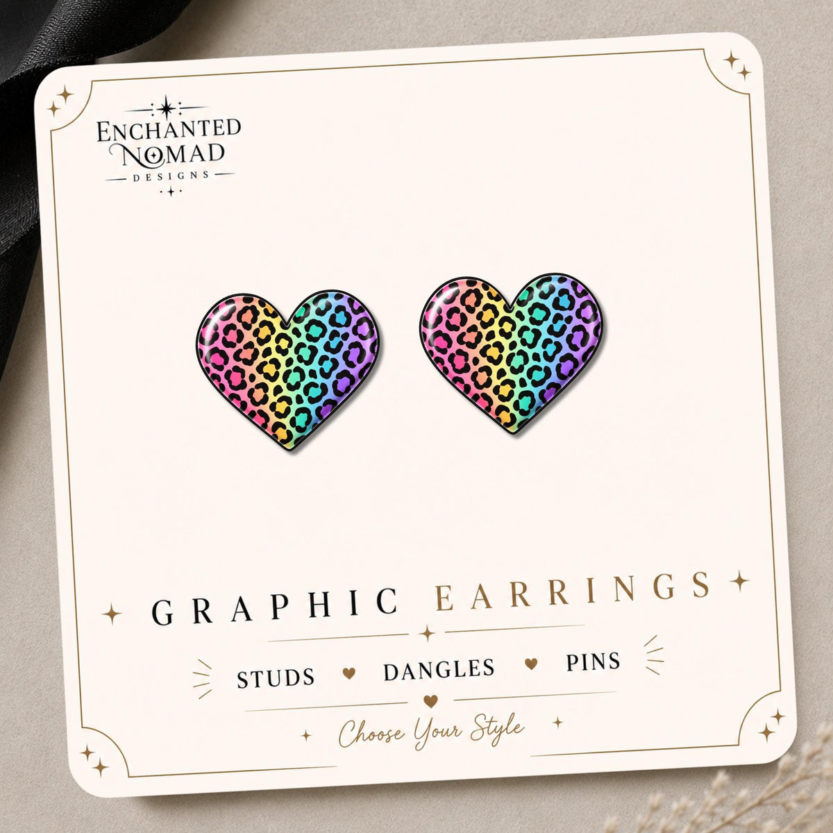 Rainbow Leopard Heart Earrings & Pins on original display card