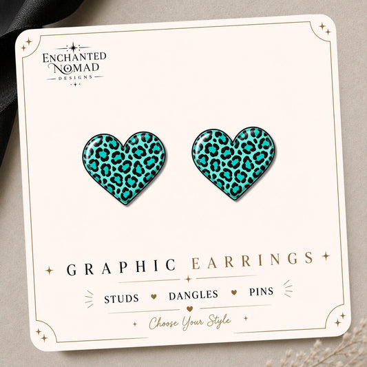 Turquoise Leopard Heart Earrings & Pins on original display card