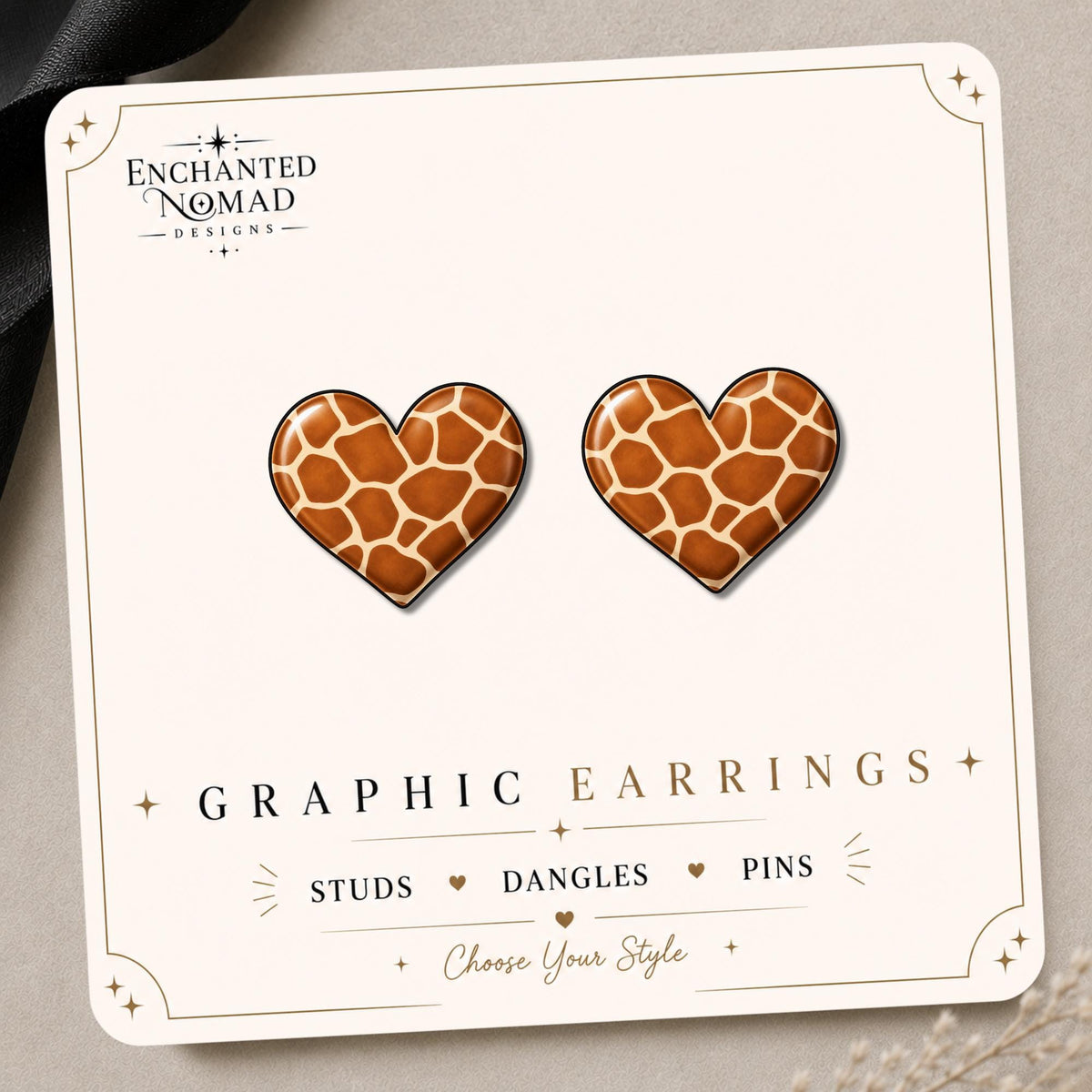 Giraffe Print Heart Earrings & Pins on original display card