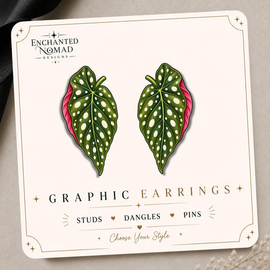 Spotted Begonia Leaf Earrings & Pins on original display card