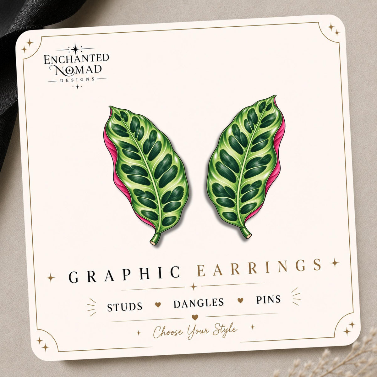 Calathea Leaf Earrings & Pins on original display card