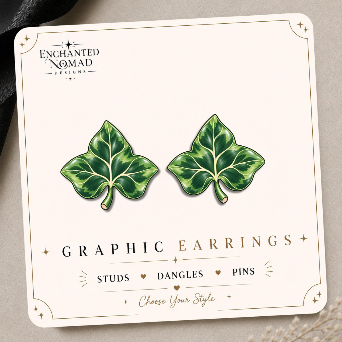 Ivy Leaf Earrings & Pins on original display card