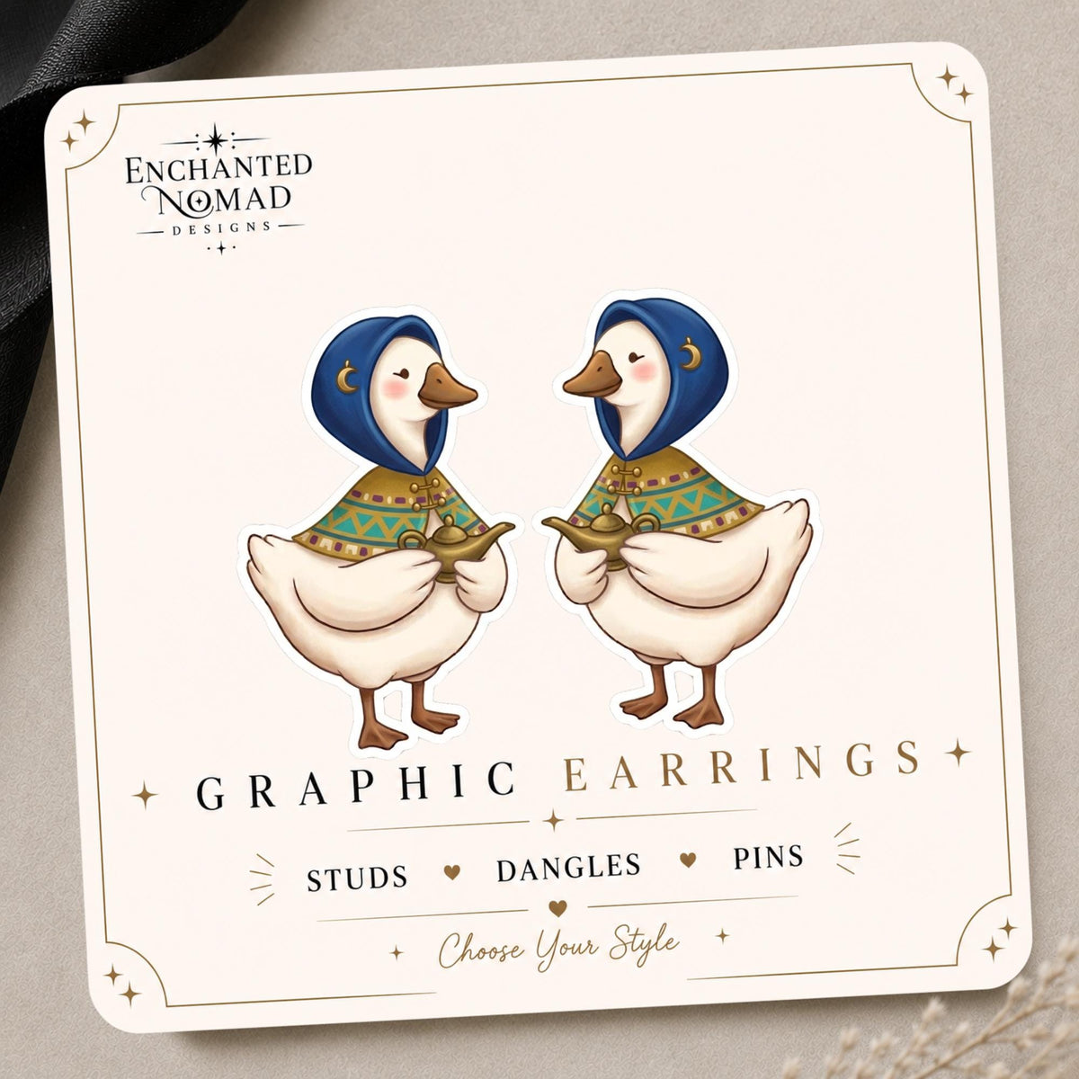 Magic Lamp Goose Earrings & Pins on original display card