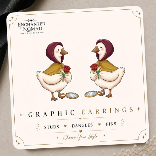 Rose Fairytale Goose Earrings & Pins on original display card