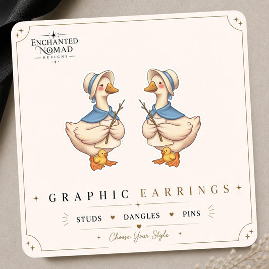 Cottage Goose and Duckling Earrings & Pins on original display card