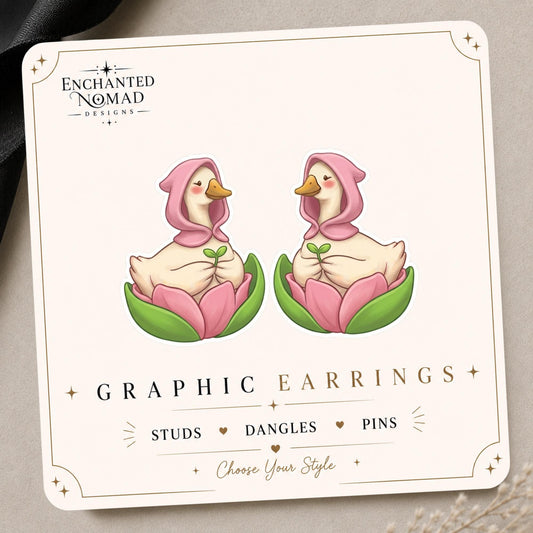 Pink Flower Goose Earrings & Pins on original display card