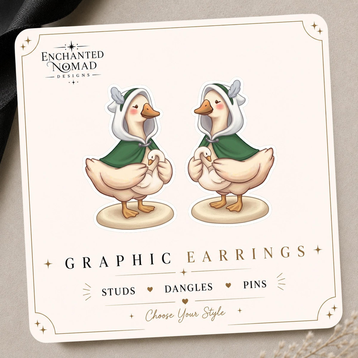 Swan Companion Goose Earrings & Pins on original display card