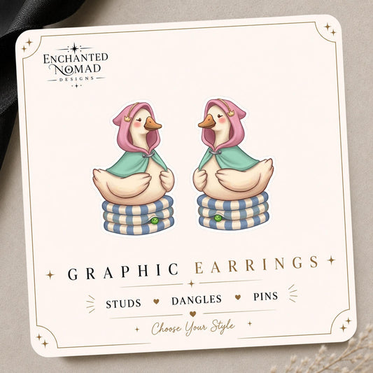 Princess Goose on Mattresses Earrings & Pins on original display card