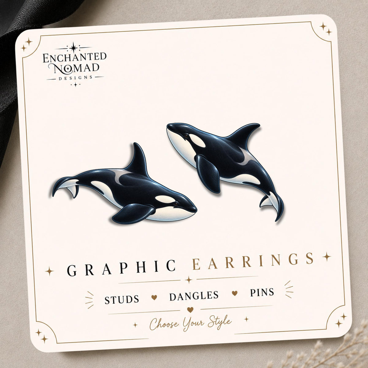 Orca Earrings & Pins on original display card