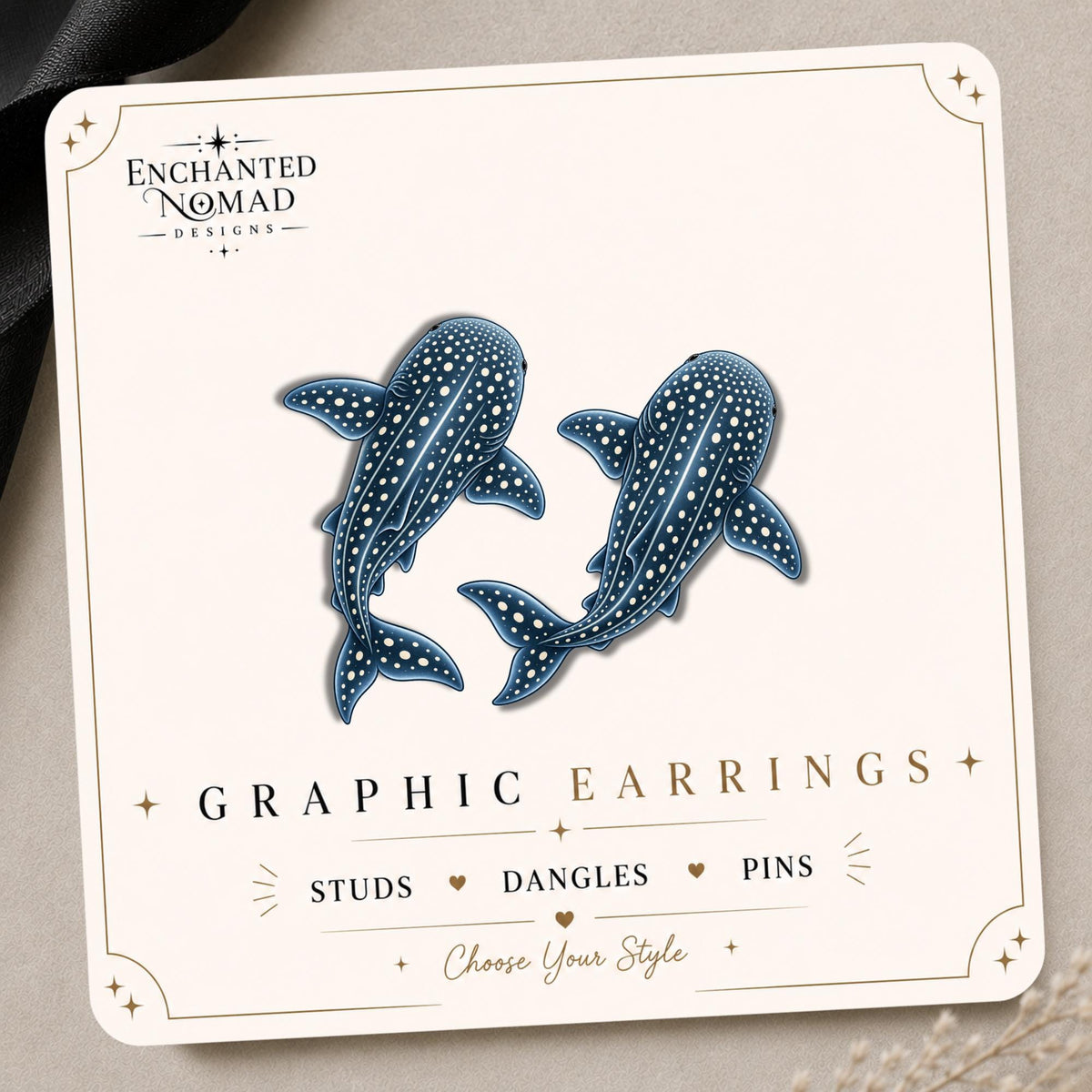 Whale Shark — Curved Design Earrings & Pins on original display card