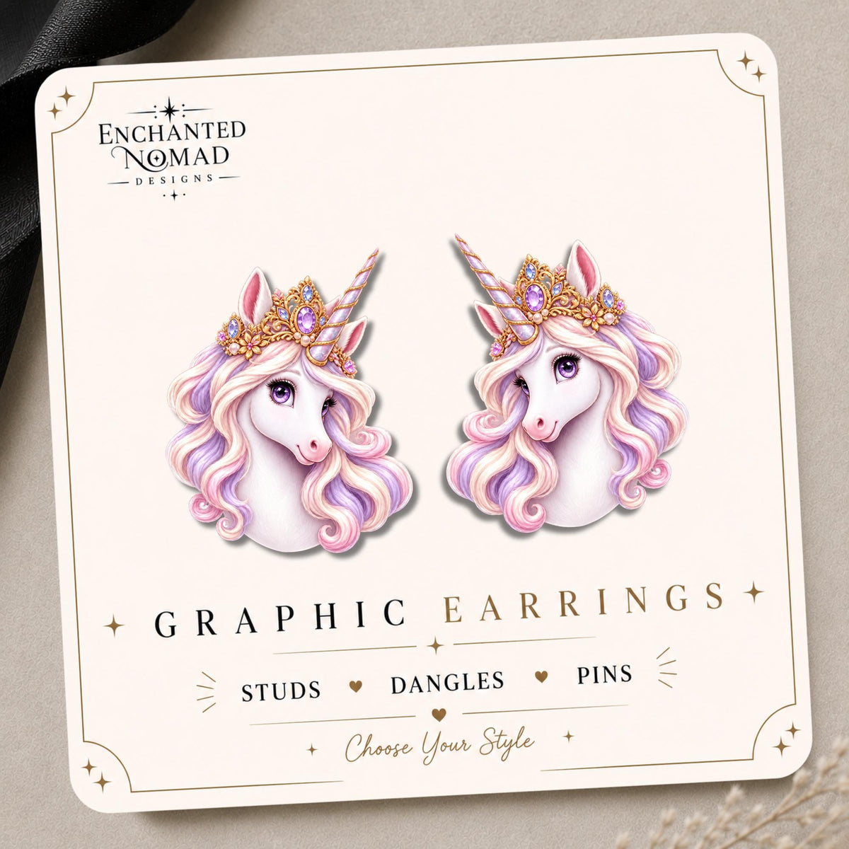 Princess Unicorn Earrings & Pins on original display card