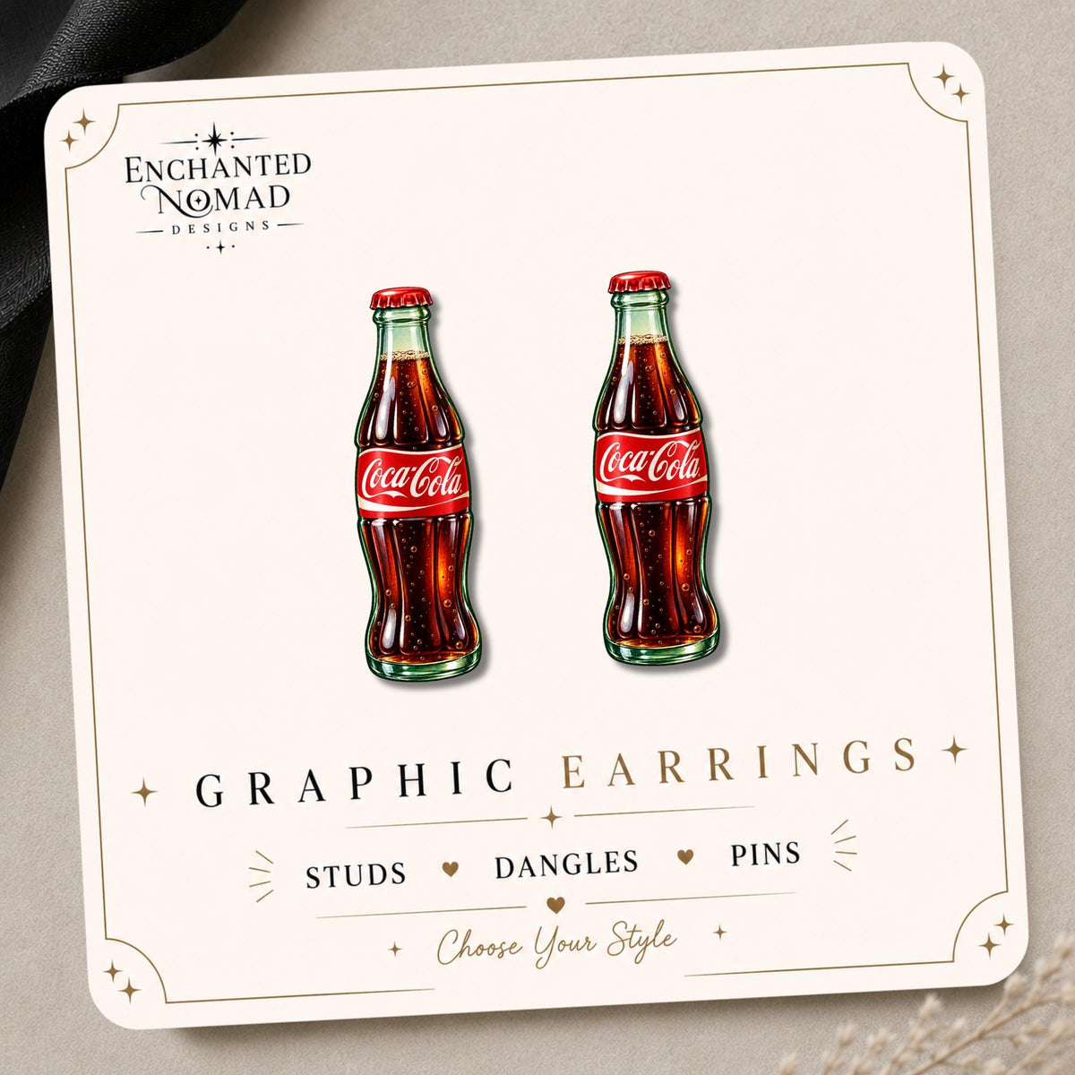 Cola Bottle Earrings & Pins on original display card